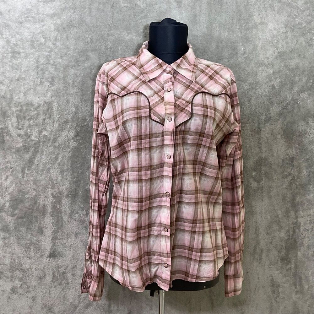 Wrangler Plaid Western Pearl Snap Shirt Women's size L Pink Brown Long sleeve